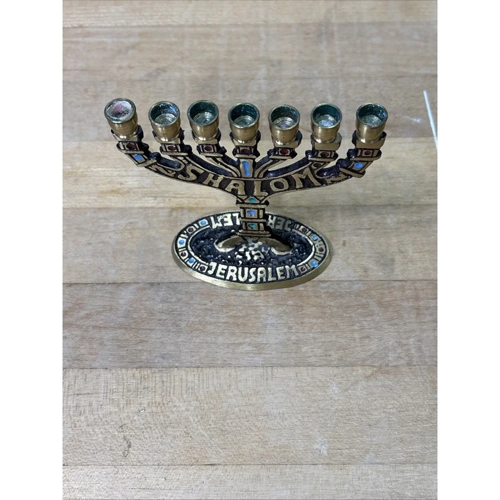 Vintage Brass Shalom Jerusalem 7 Branch Menorah Judaica Candle Holder Enamel